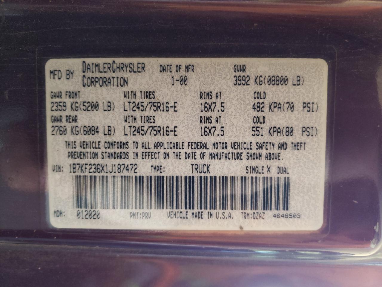 Photo 10 from auction – 2001 DODGE RAM 2500 with VIN 1B7KF236X1J187472