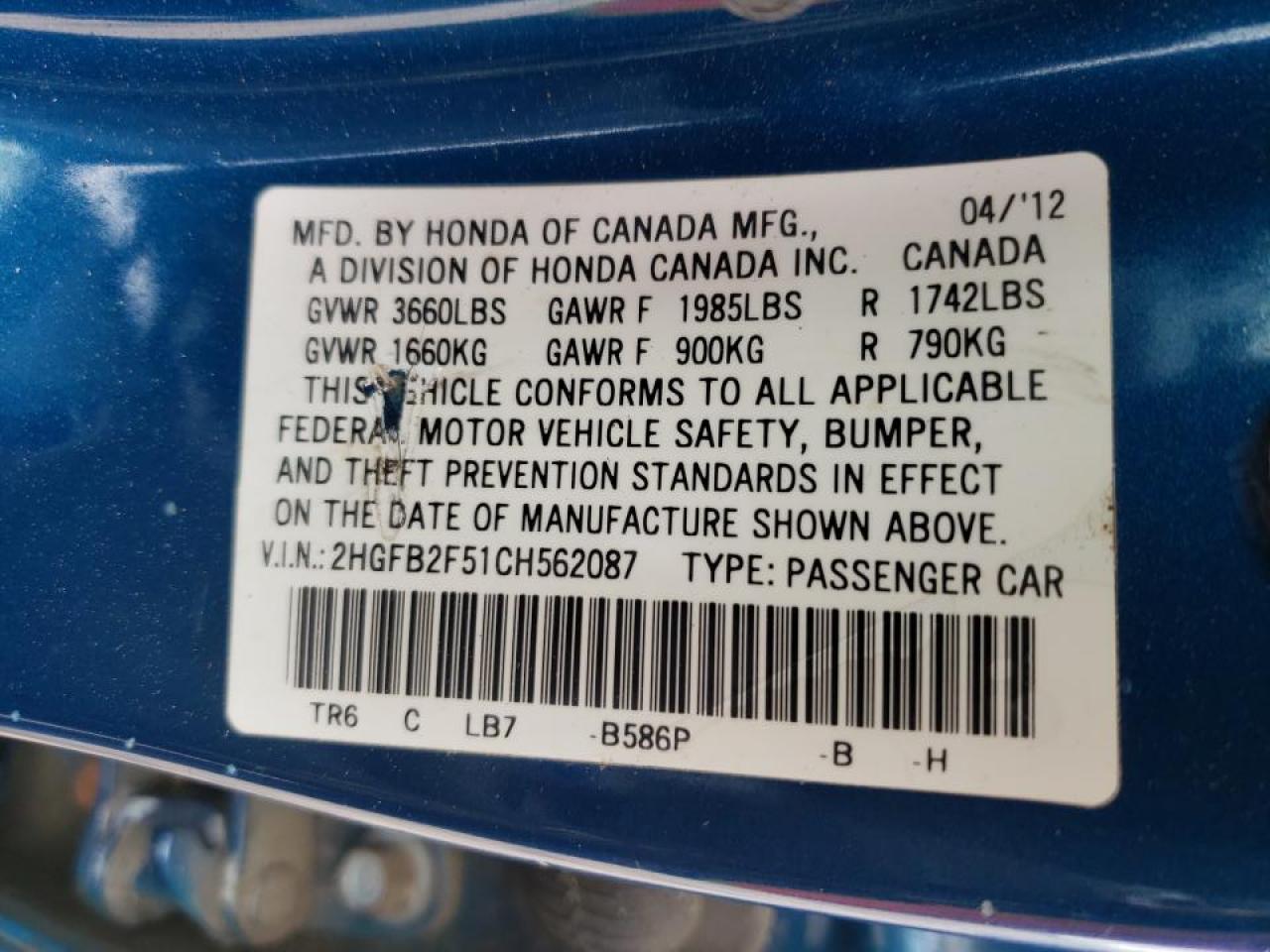 Photo 10 from auction – 2012 HONDA CIVIC LX with VIN 2HGFB2F51CH562087