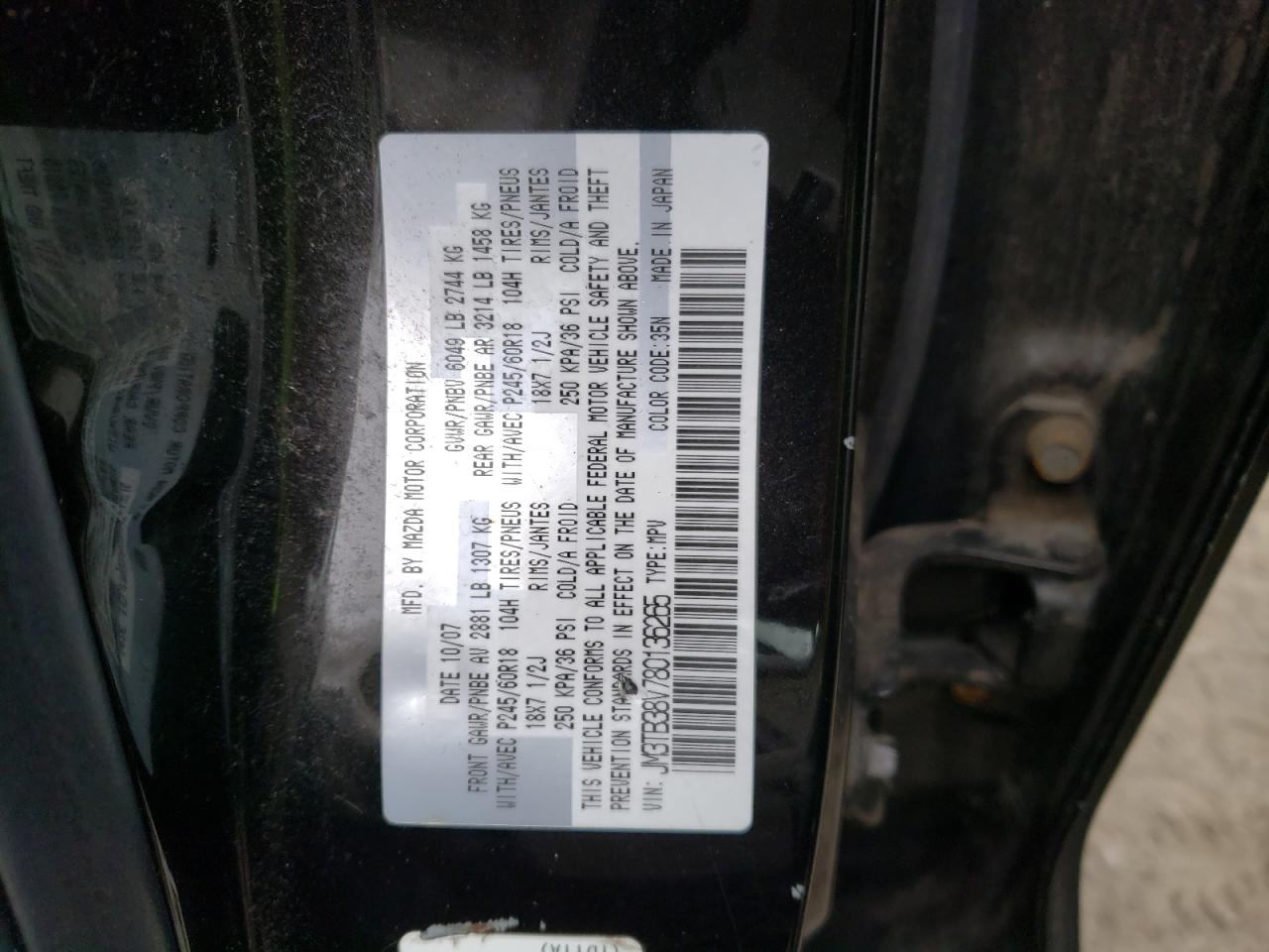 Photo 10 from auction – 2008 MAZDA CX-9 with VIN JM3TB38V780136265