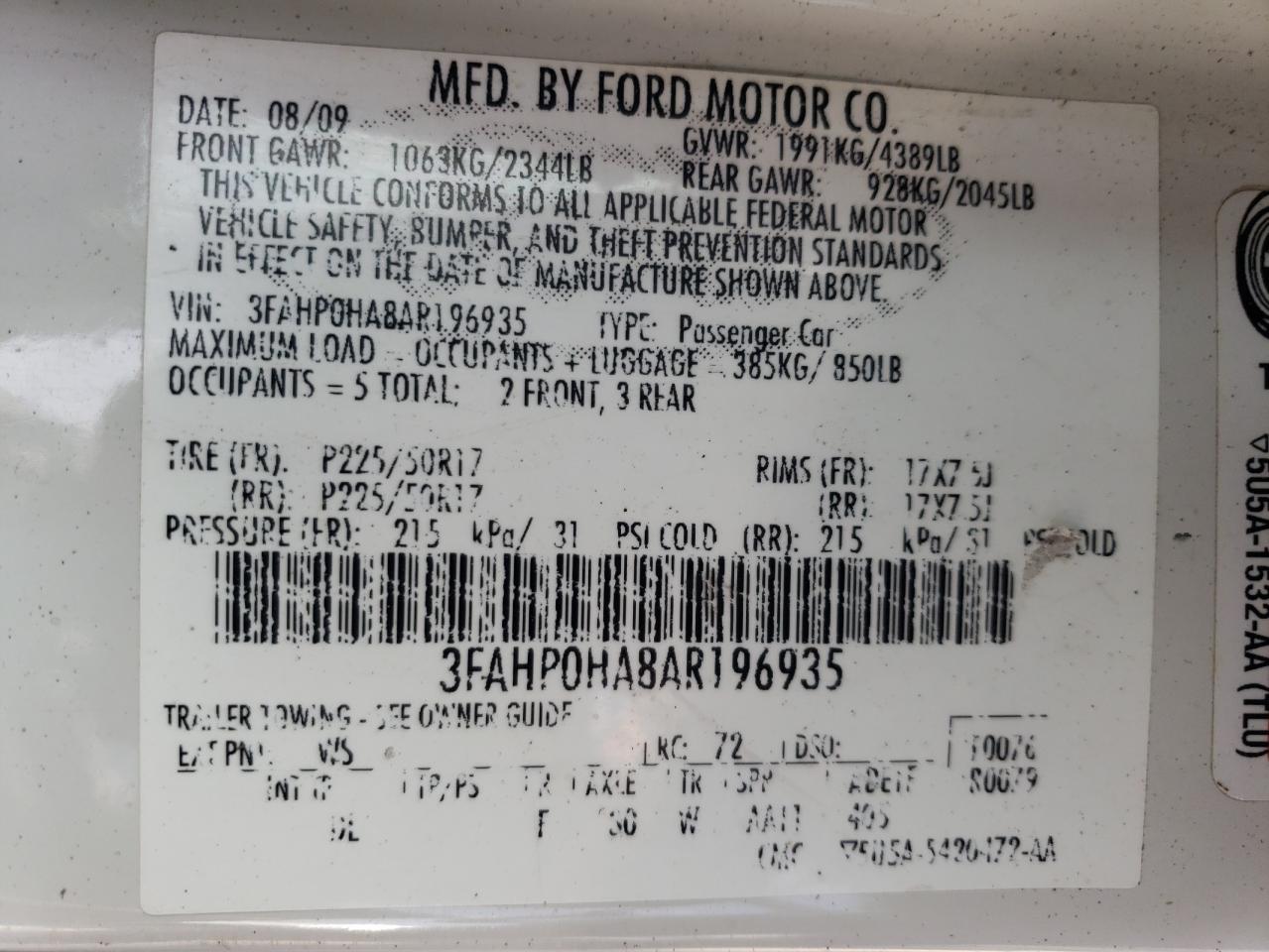 Photo 10 from auction – 2010 FORD FUSION with VIN 3FAHP0HA8AR196935