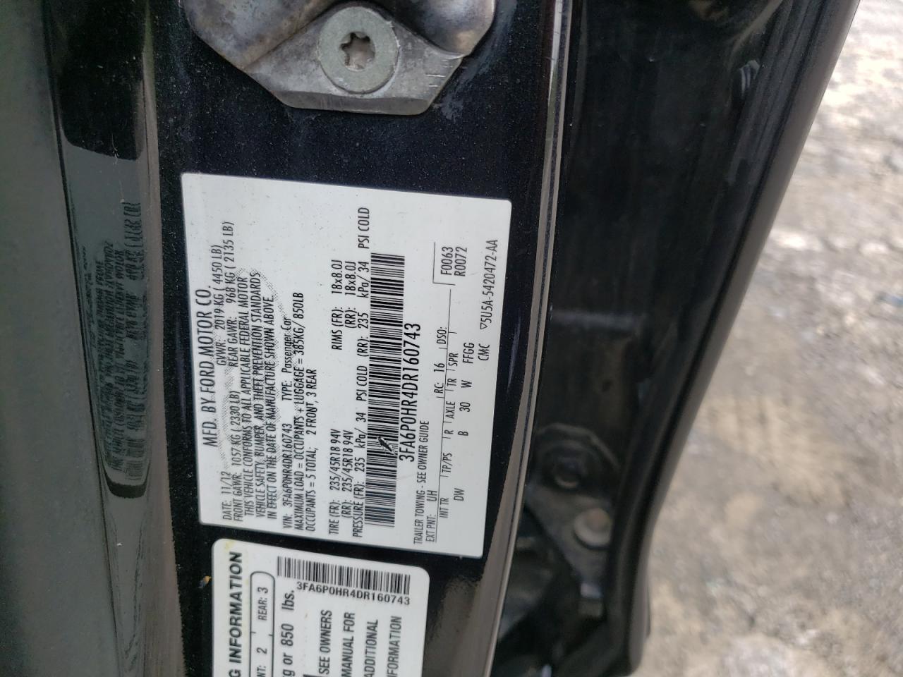 Photo 10 from auction – 2013 FORD FUSION SE with VIN 3FA6P0HR4DR160743