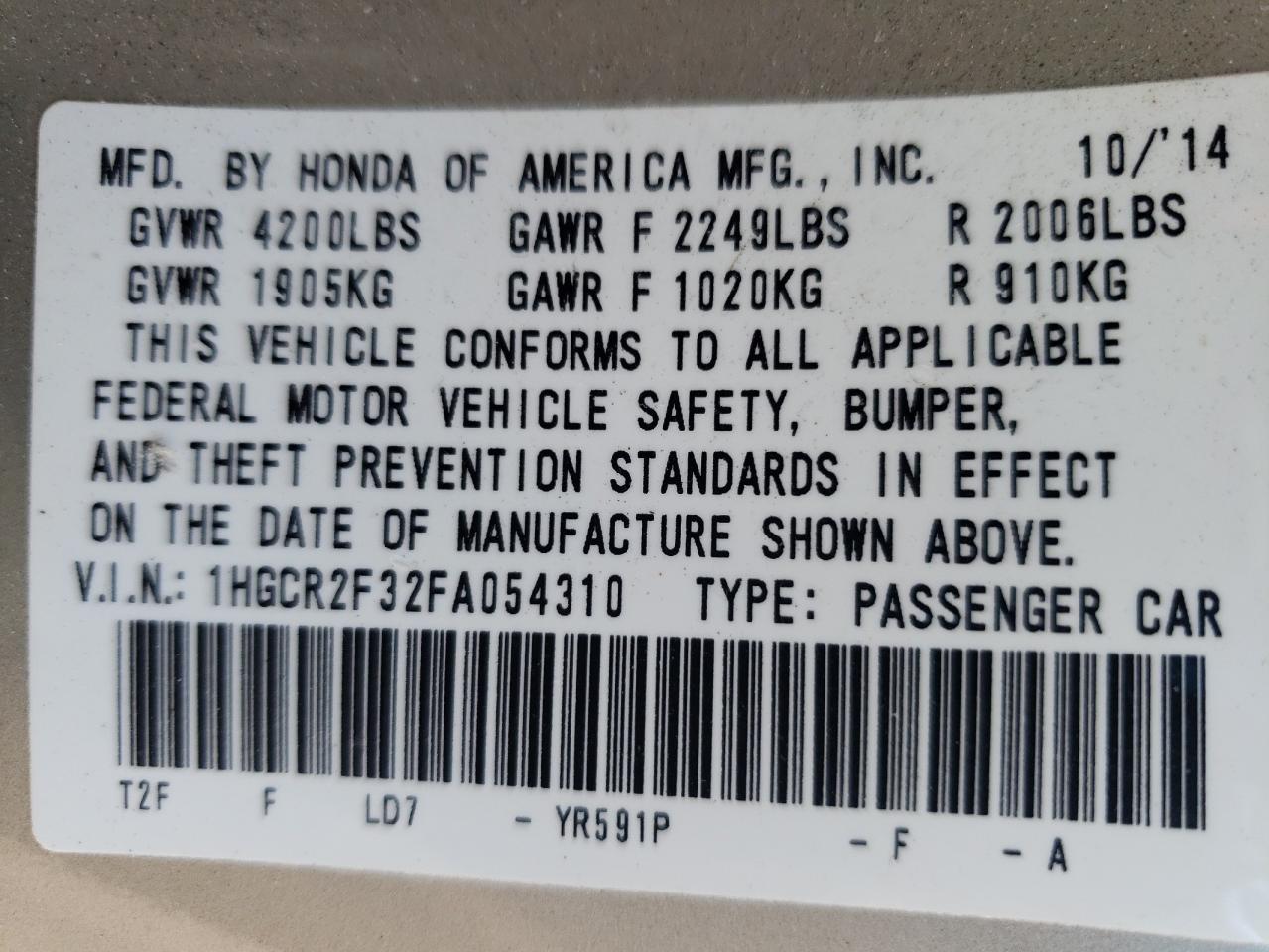 Photo 10 from auction – 2015 HONDA ACCORD LX with VIN 1HGCR2F32FA054310