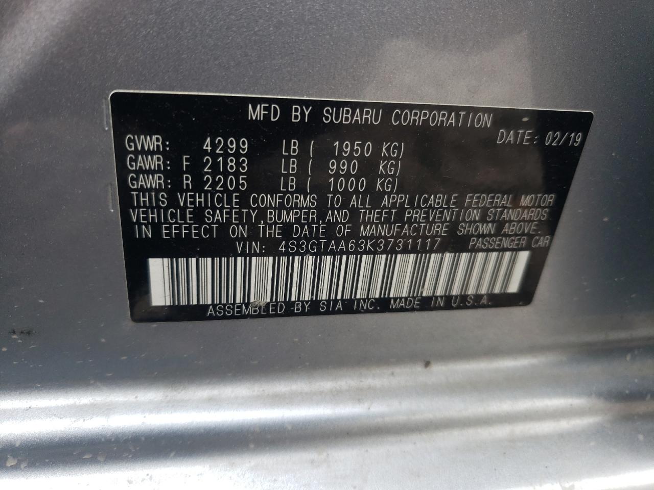 Photo 10 from auction – 2019 SUBARU IMPREZA with VIN 4S3GTAA63K3731117