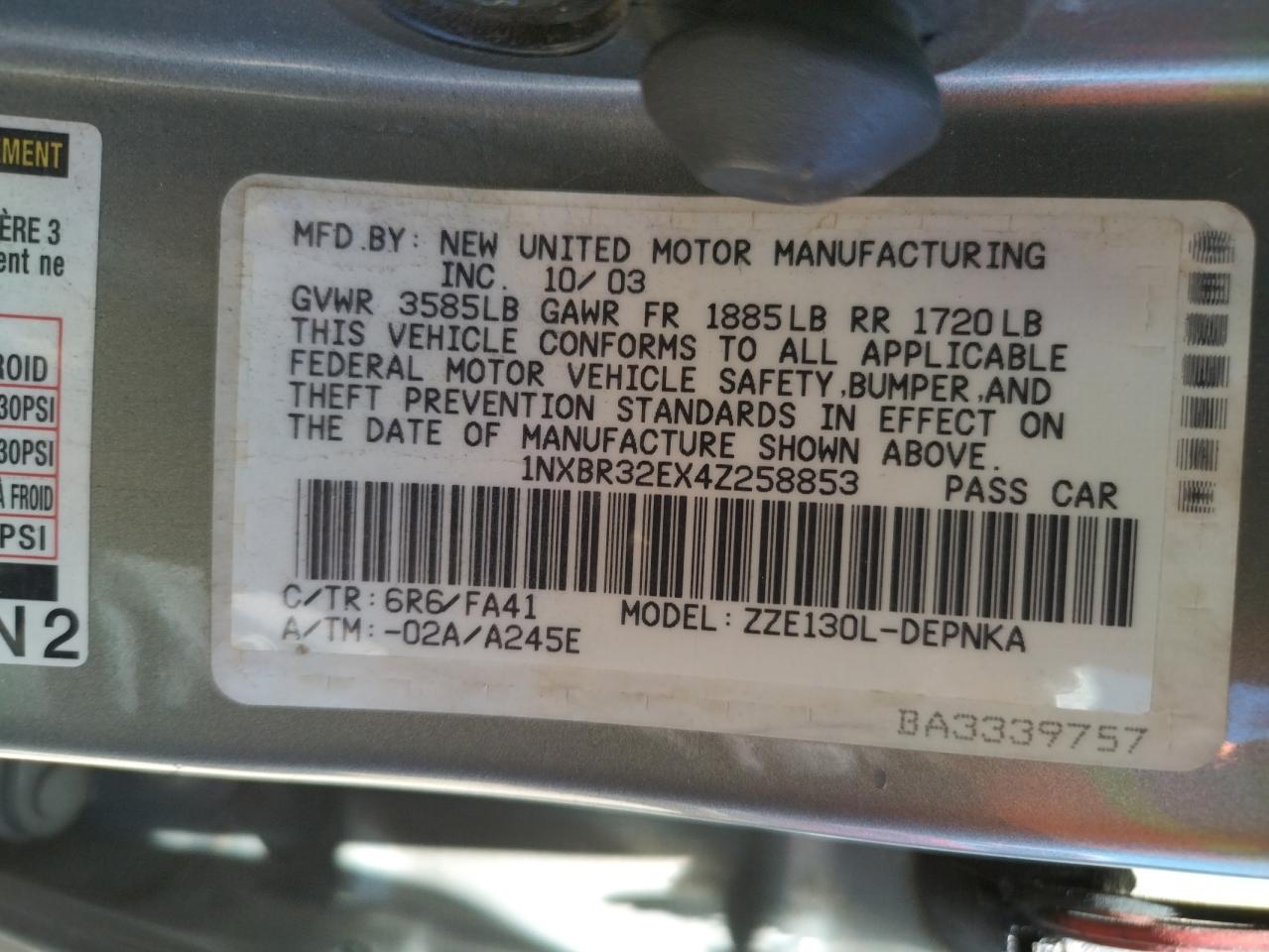 Photo 10 from auction – 2004 TOYOTA COROLLA CE with VIN 1NXBR32EX4Z258853