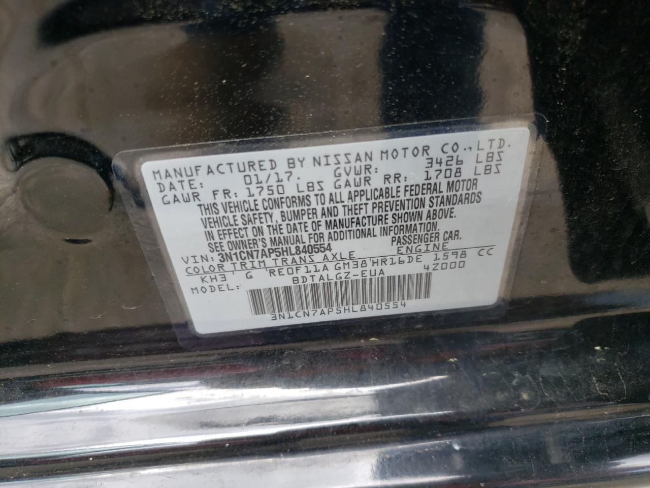 Photo 10 from auction – 2017 NISSAN VERSA S with VIN 3N1CN7AP5HL840554