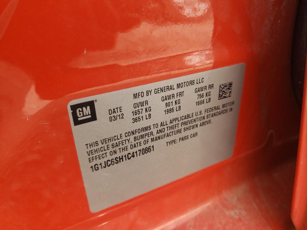 Photo 10 from auction – 2012 CHEVROLET SONIC LT with VIN 1G1JC6SH1C4170861