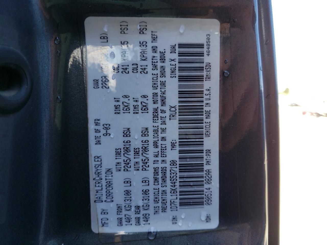 Foto 10 de la subasta – 2004 DODGE DAKOTA SXT con VIN 1D7FL16K44S537180