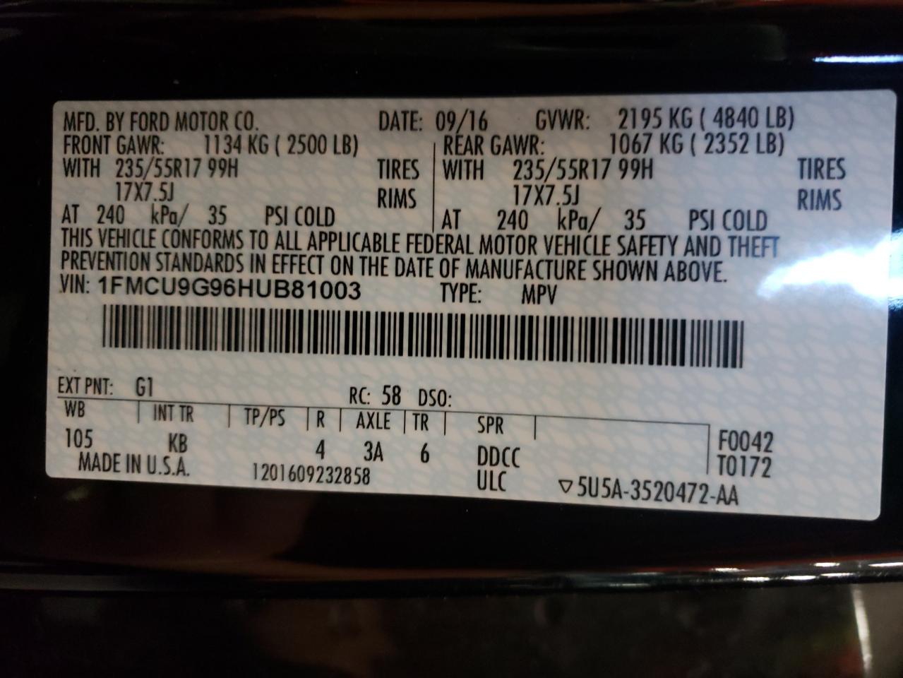 Photo 10 from auction – 2017 FORD ESCAPE SE with VIN 1FMCU9G96HUB81003