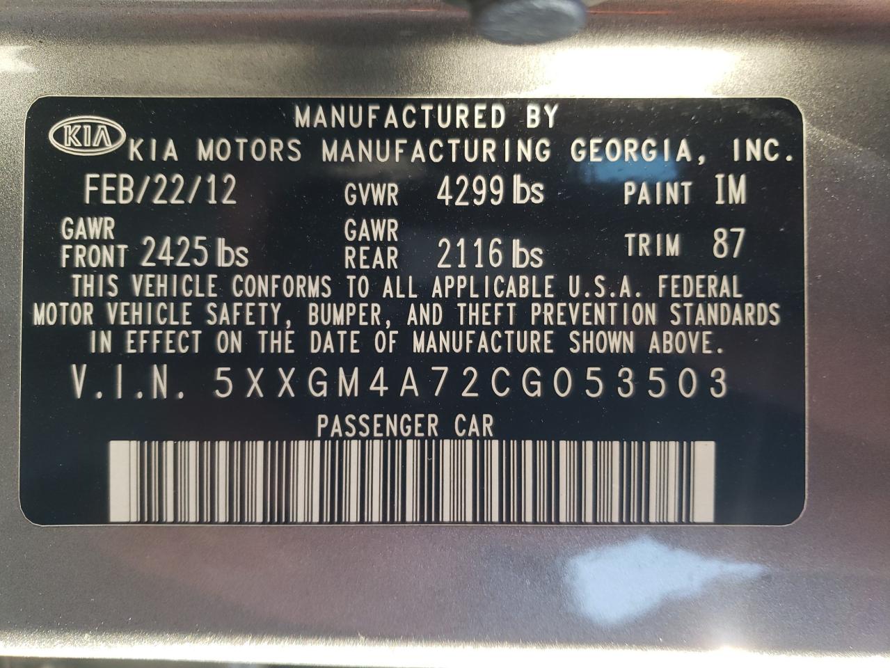 Photo 10 from auction – 2012 KIA OPTIMA LX with VIN 5XXGM4A72CG053503