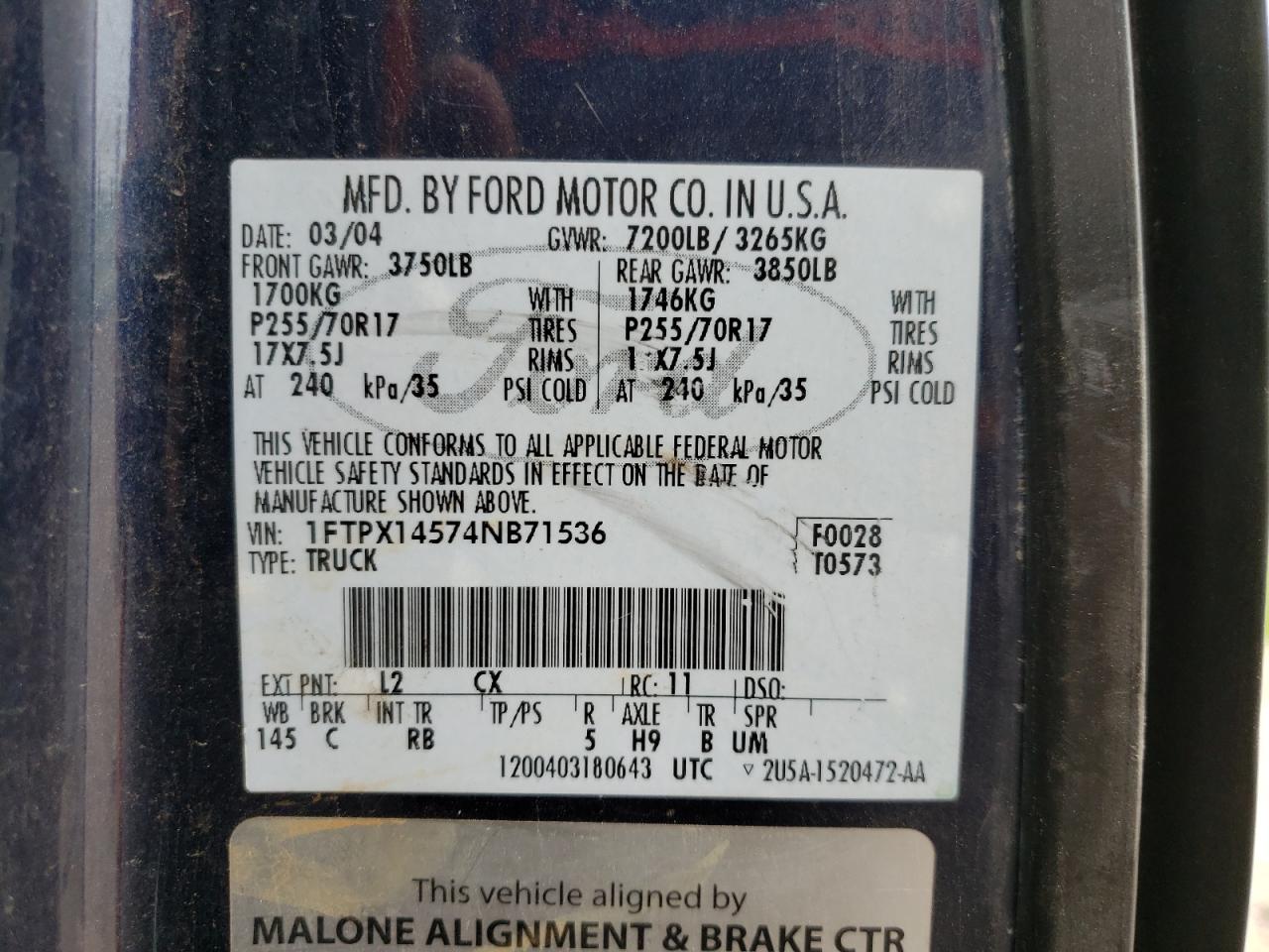 Photo 10 from auction – 2004 FORD F150 with VIN 1FTPX14574NB71536