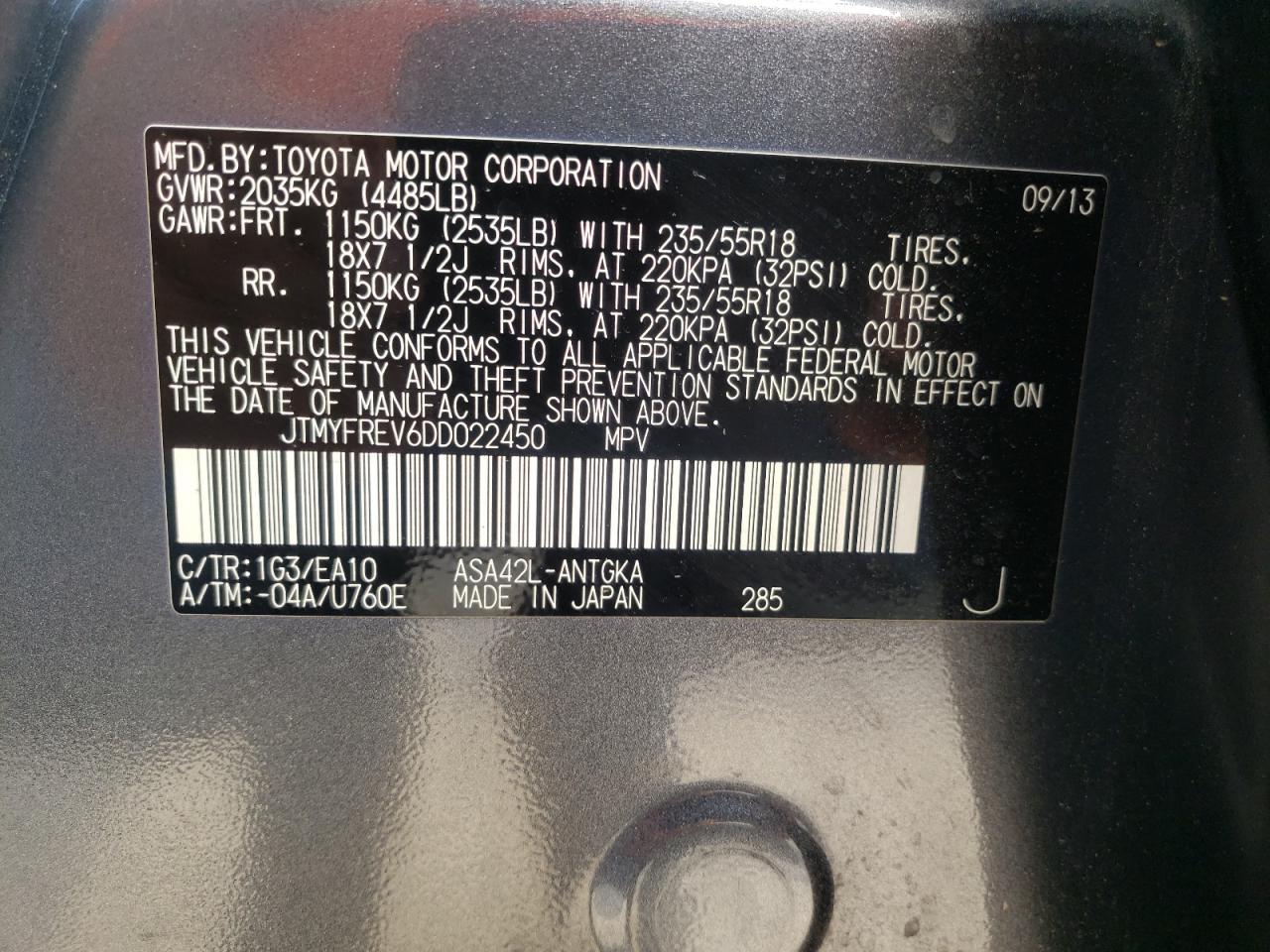 Photo 10 from auction – 2013 TOYOTA RAV4 LIMIT with VIN JTMYFREV6DD022450
