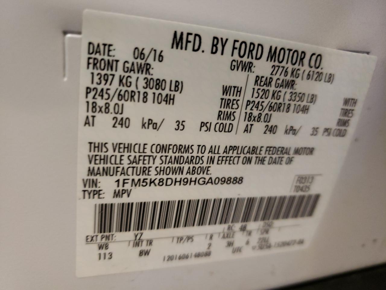 Photo 10 from auction – 2017 FORD EXPLORER X with VIN 1FM5K8DH9HGA09888
