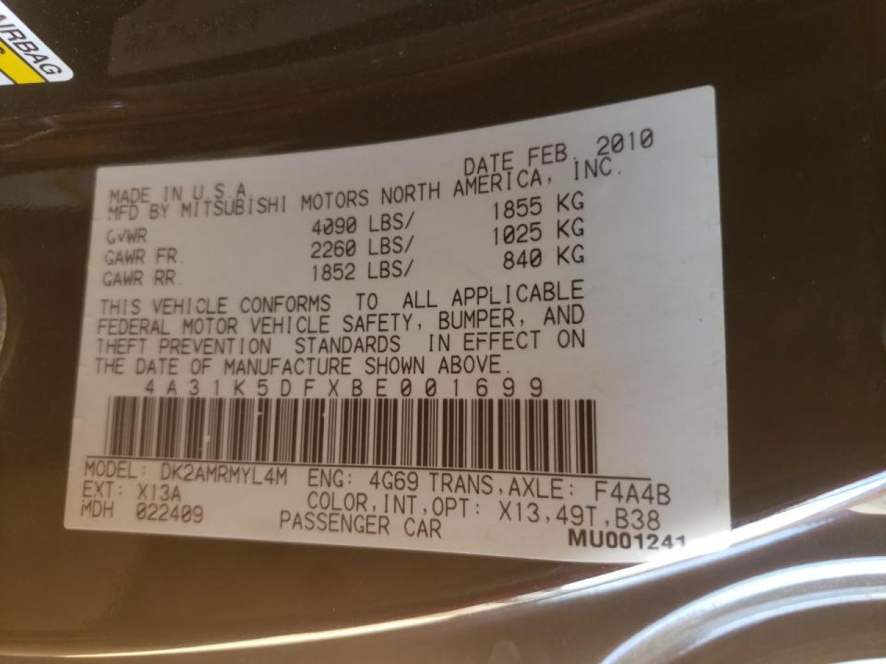 Photo 10 from auction – 2011 MITSUBISHI ECLIPSE GS with VIN 4A31K5DFXBE001699