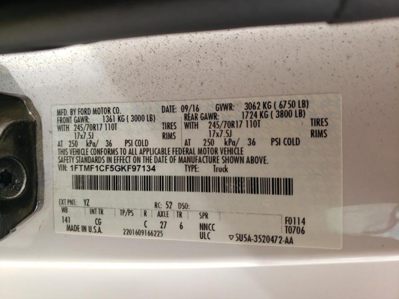 Photo 10 from auction – 2016 FORD F150 with VIN 1FTMF1CF5GKF97134