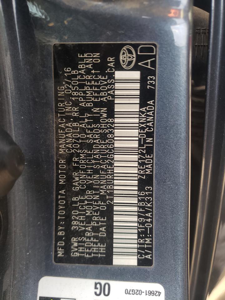 Photo 10 from auction – 2016 TOYOTA COROLLA L with VIN 2T1BURHE2GC608328