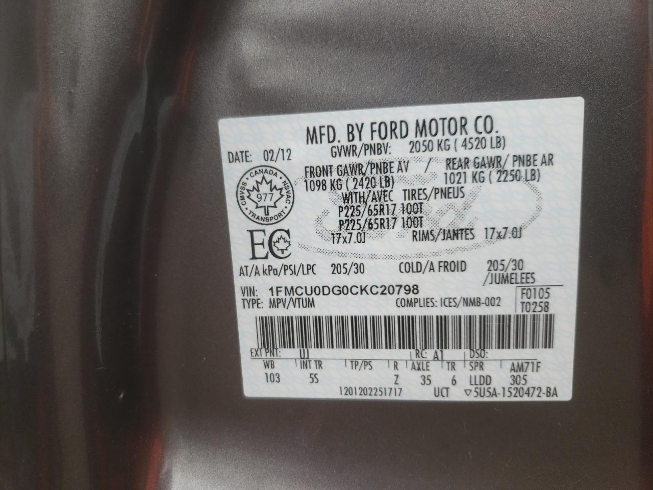Photo 10 from auction – 2012 FORD ESCAPE XLT with VIN 1FMCU0DG0CKC20798