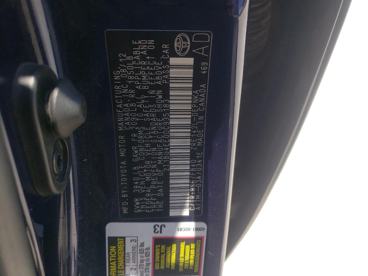 Photo 10 from auction – 2013 TOYOTA COROLLA BA with VIN 2T1BU4EE0DC935183