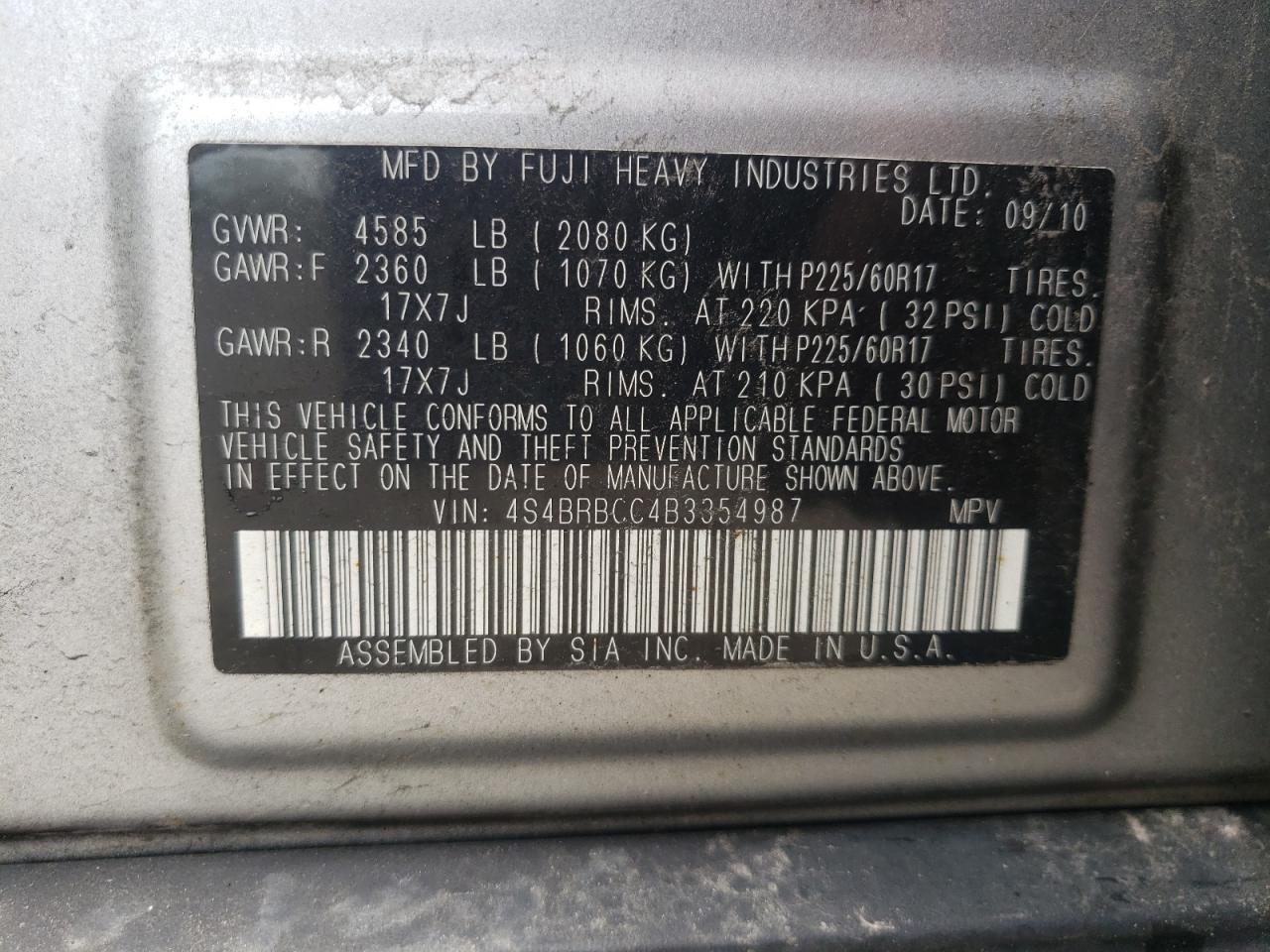 Снимка 10 от търг – 2011 SUBARU OUTBACK 2. с VIN 4S4BRBCC4B3354987