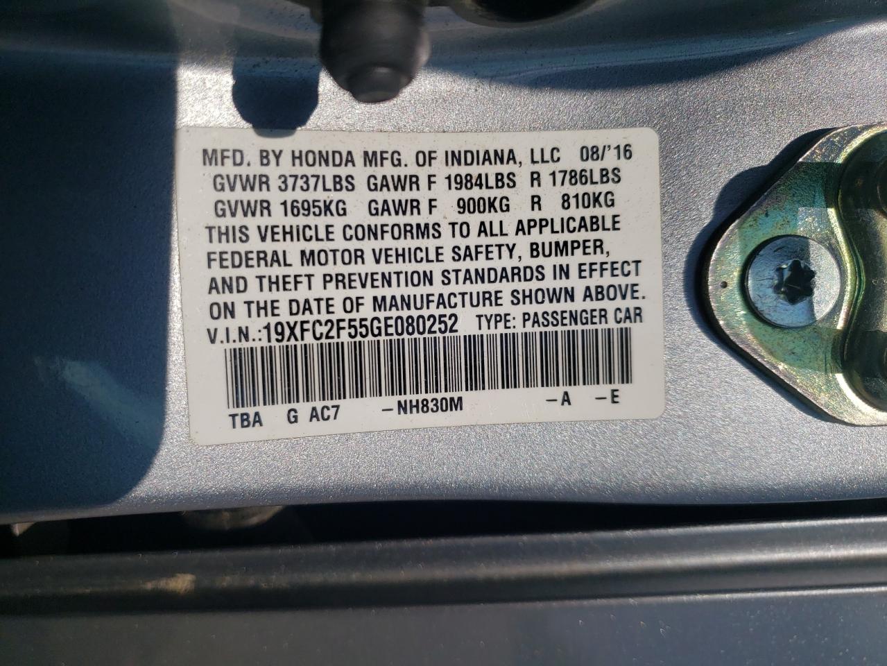Photo 11 from auction – 2016 HONDA CIVIC LX with VIN 19XFC2F55GE080252