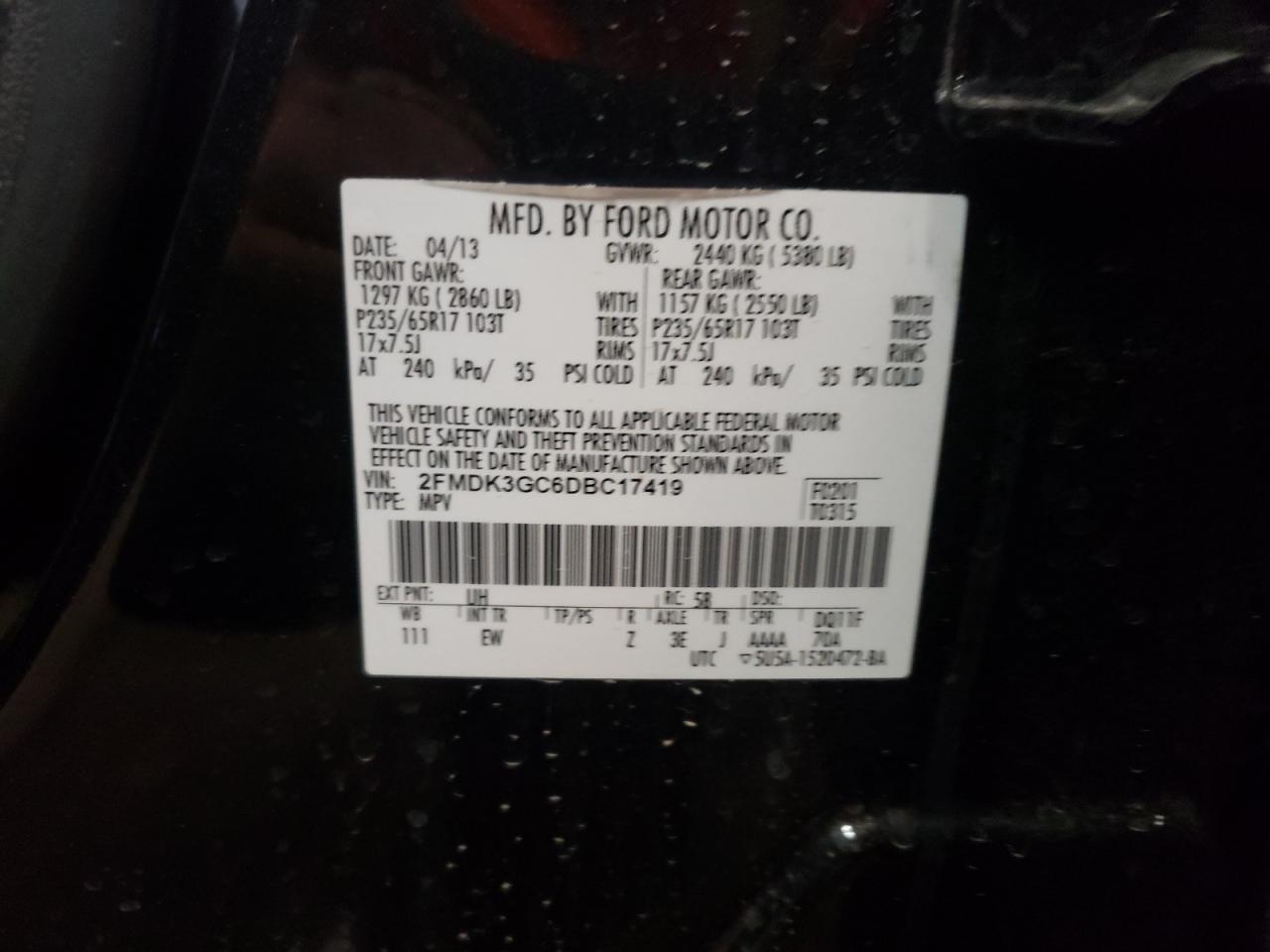 Photo 11 from auction – 2013 FORD EDGE with VIN 2FMDK3GC6DBC17419