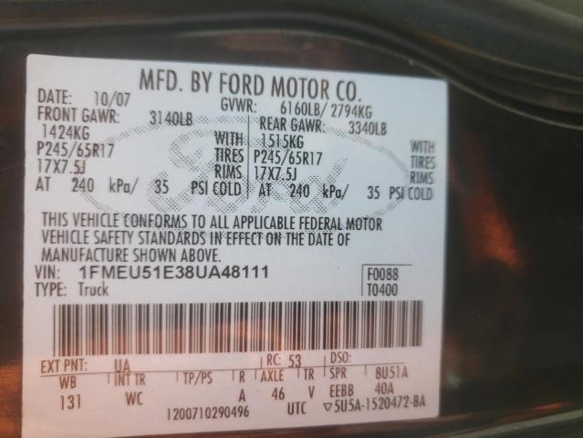 Photo 10 from auction – 2008 FORD EXPLORER S with VIN 1FMEU51E38UA48111