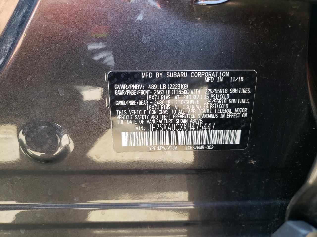 Photo 10 from auction – 2019 SUBARU FORESTER L with VIN JF2SKAUCXKH475447