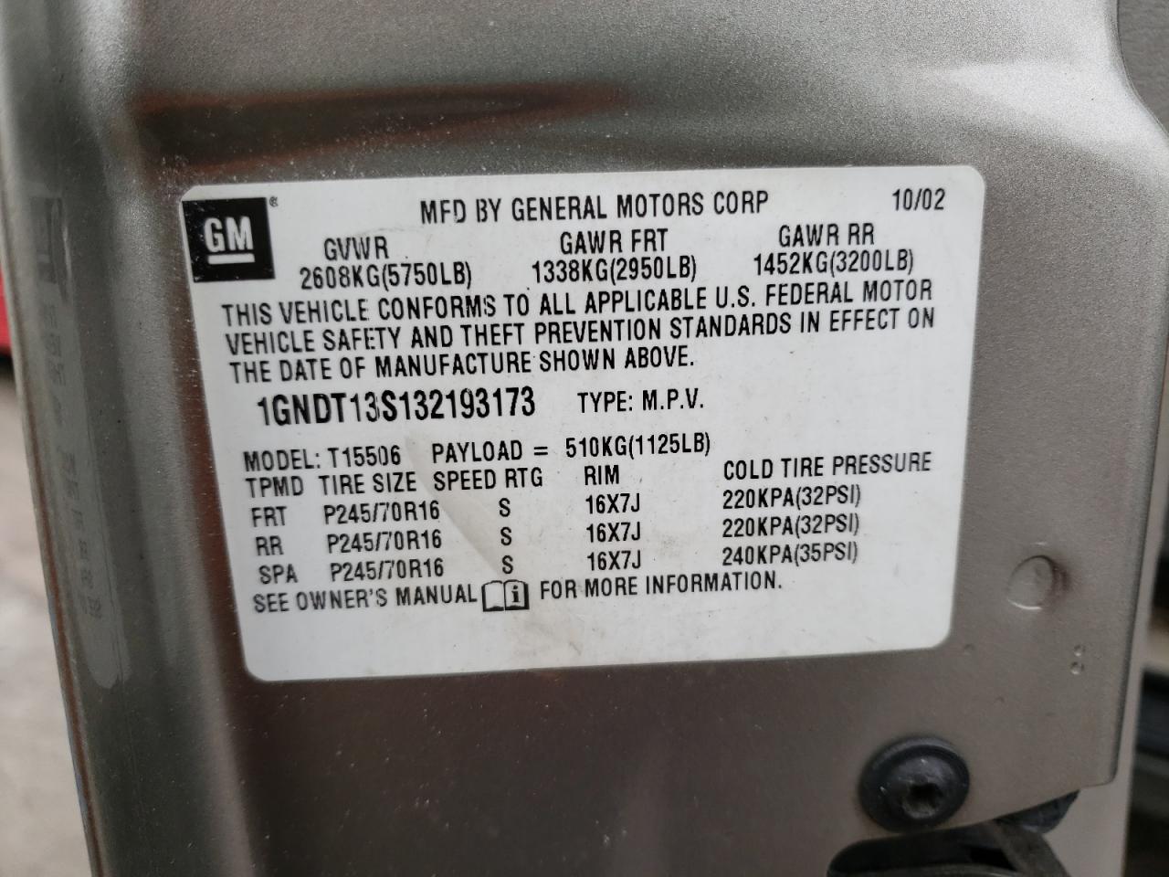 Photo 10 from auction – 2003 CHEVROLET TRAILBLAZE with VIN 1GNDT13S132193173