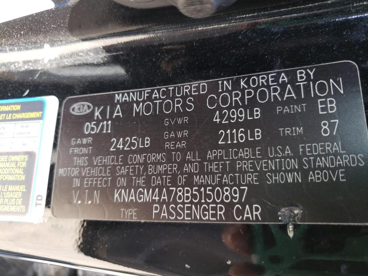 Photo 10 from auction – 2011 KIA OPTIMA LX with VIN KNAGM4A78B5150897