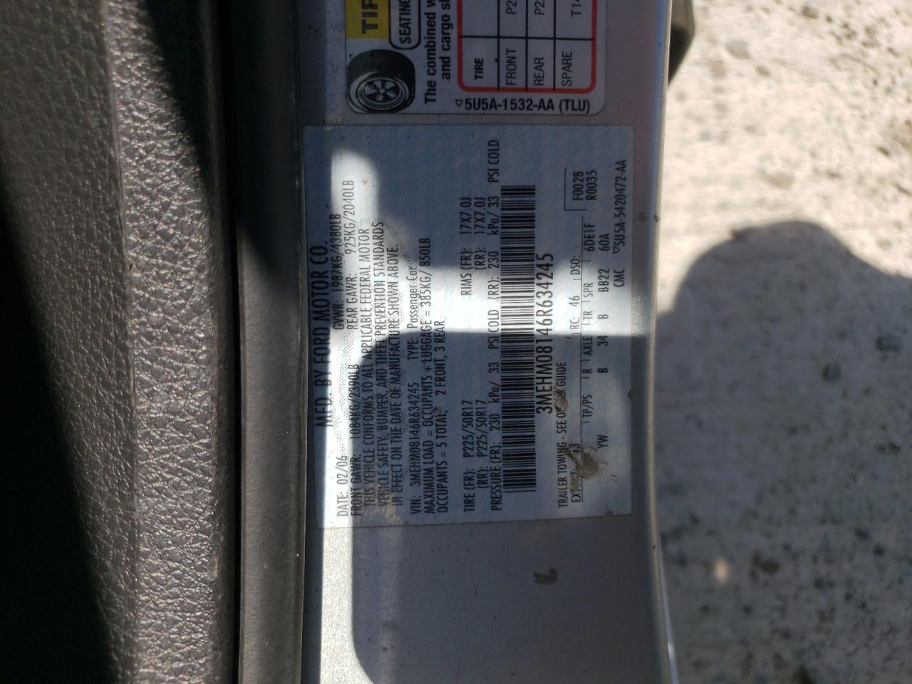 Photo 10 from auction – 2006 MERCURY MILAN PREM with VIN 3MEHM08146R634245
