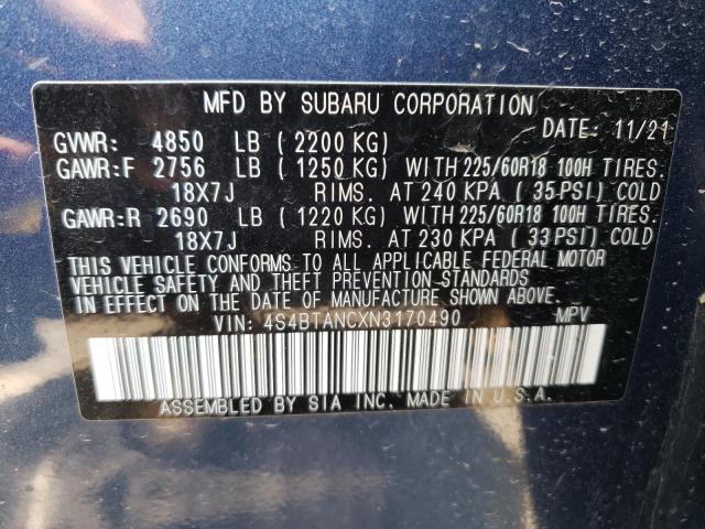 Photo 10 from auction – 2022 SUBARU OUTBACK LI with VIN 4S4BTANCXN3170490