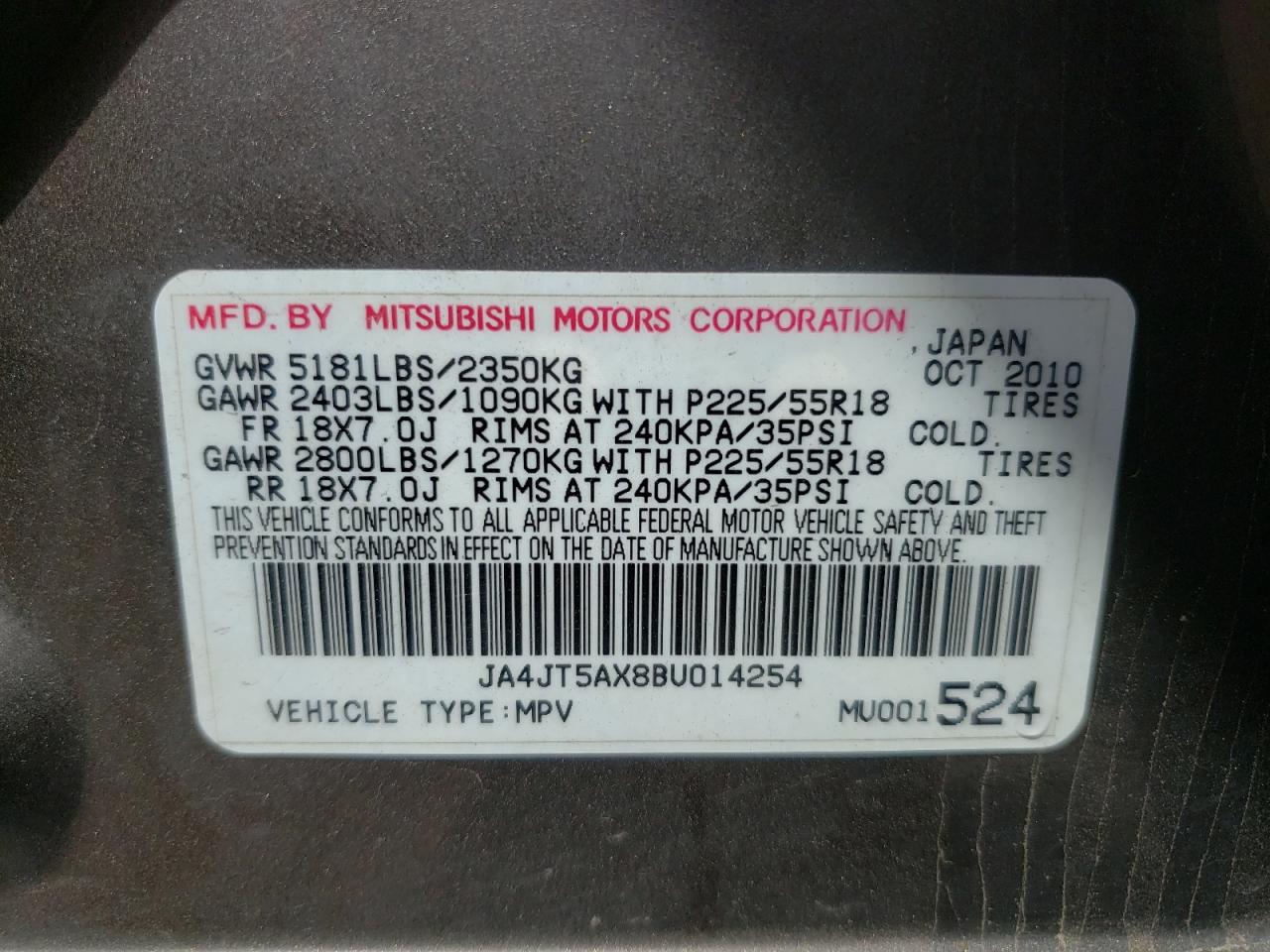 Photo 10 from auction – 2011 MITSUBISHI OUTLANDER with VIN JA4JT5AX8BU014254