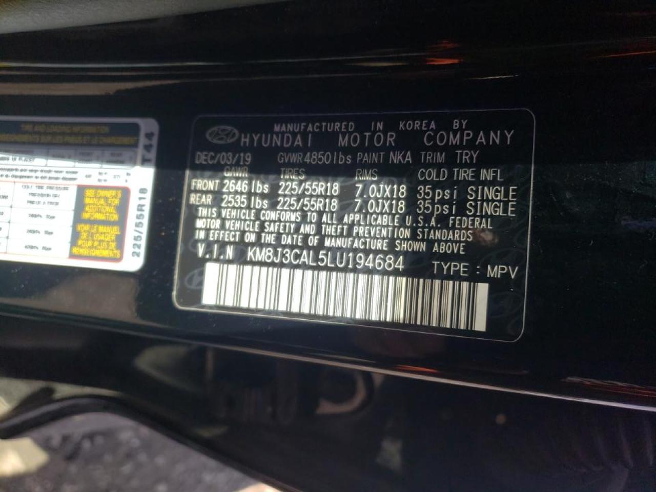 Photo 10 from auction – 2020 HYUNDAI TUCSON LIM with VIN KM8J3CAL5LU194684