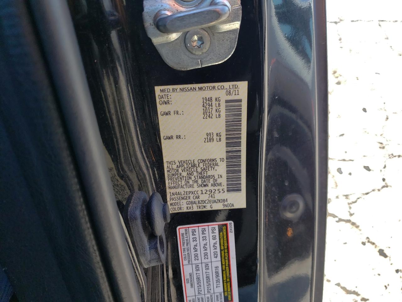 Photo 10 from auction – 2012 NISSAN ALTIMA S with VIN 1N4AL2EPXCC129255