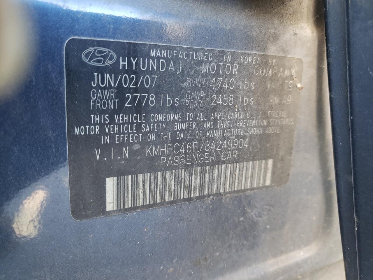 Photo 10 from auction – 2008 HYUNDAI AZERA SE with VIN KMHFC46F78A249904