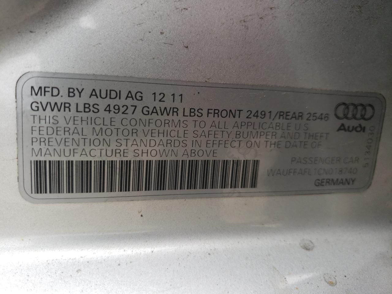 Photo 10 from auction – 2012 AUDI A4 PREMIUM with VIN WAUFFAFL1CN018740