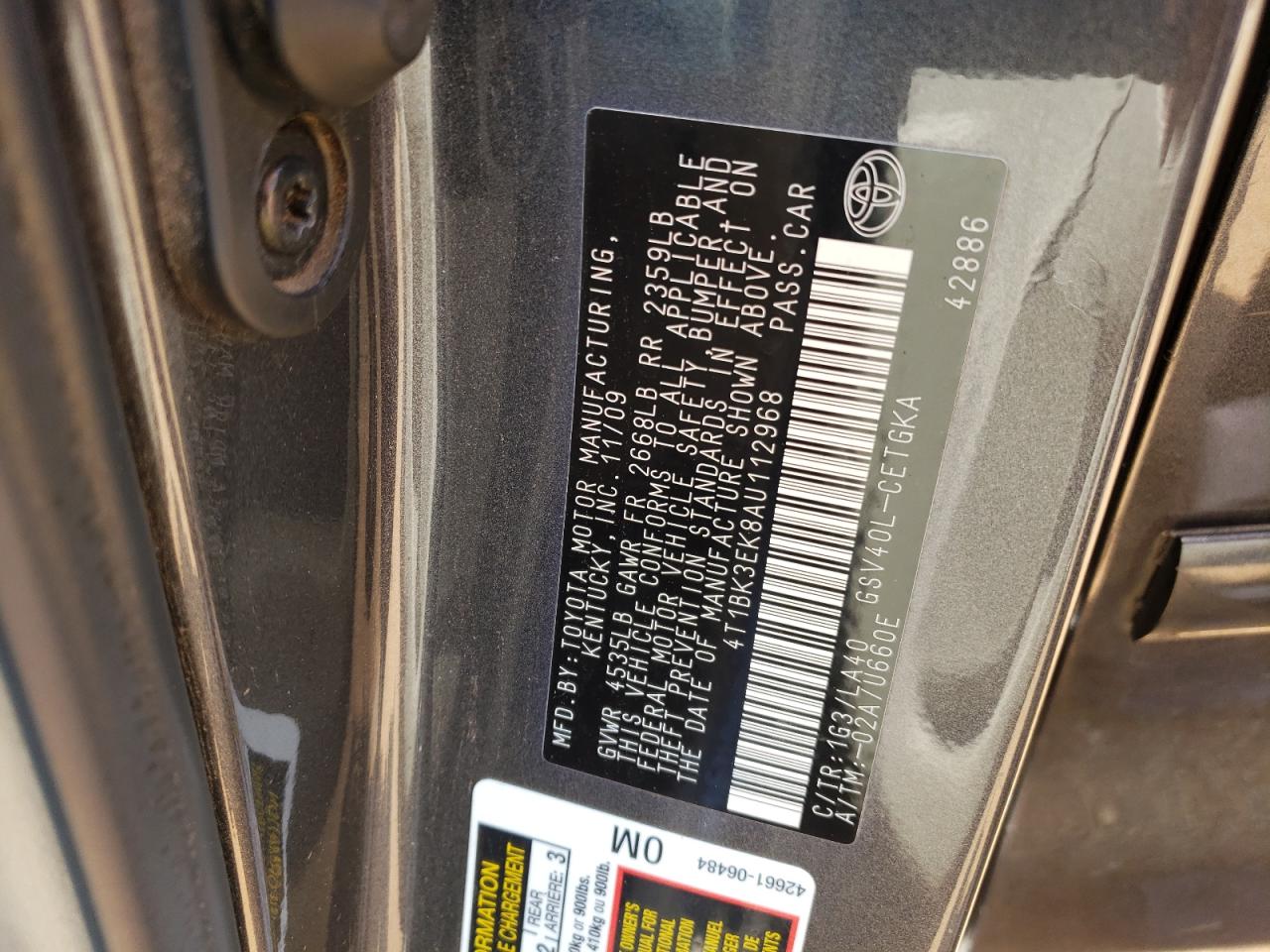Photo 10 from auction – 2010 TOYOTA CAMRY SE with VIN 4T1BK3EK8AU112968