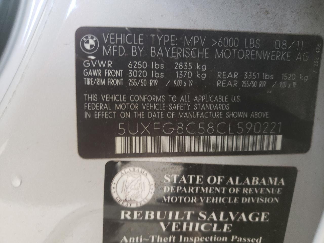 Photo 10 from auction – 2012 BMW X6 XDRIVE5 with VIN 5UXFG8C58CL590221
