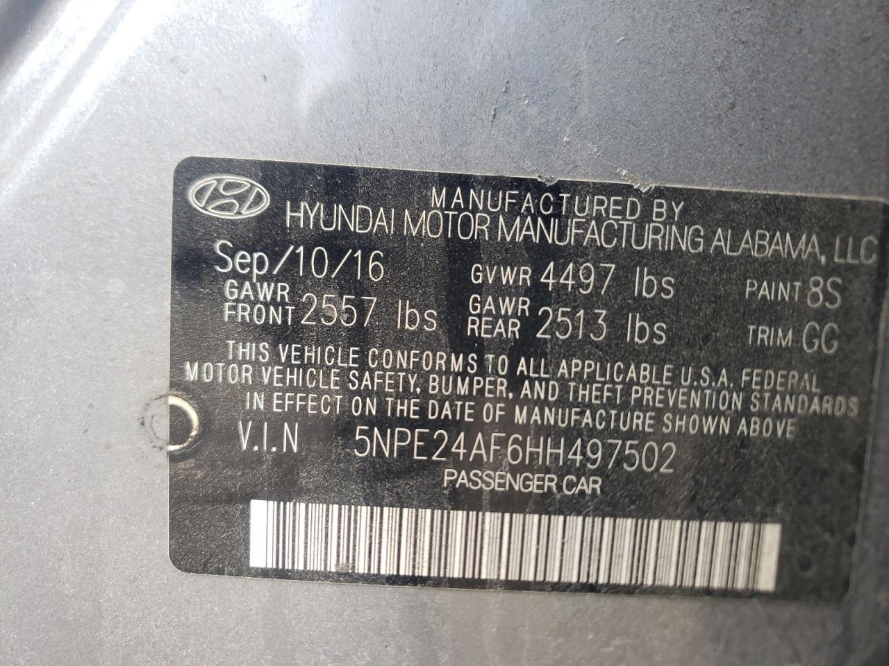 Photo 10 from auction – 2017 HYUNDAI SONATA SE with VIN 5NPE24AF6HH497502