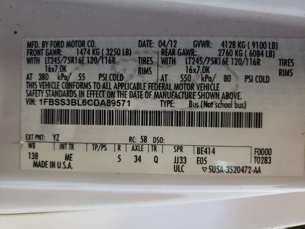Photo 10 from auction – 2012 FORD ECONOLINE with VIN 1FBSS3BL6CDA89571