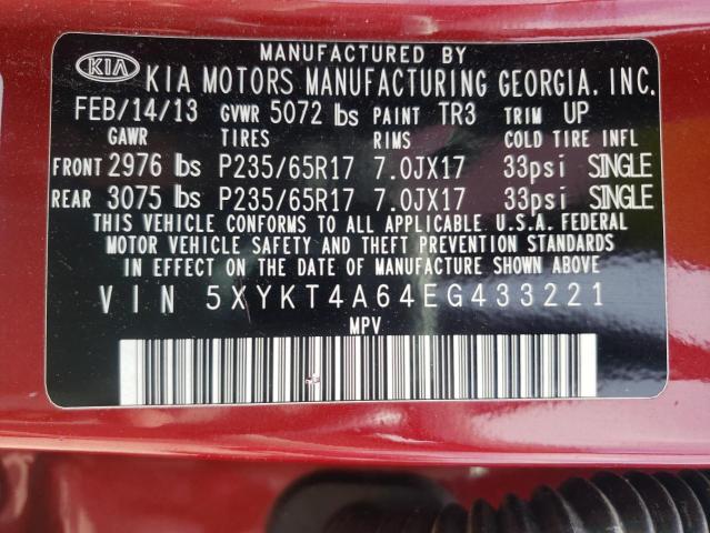 Photo 10 from auction – 2014 KIA SORENTO LX with VIN 5XYKT4A64EG433221