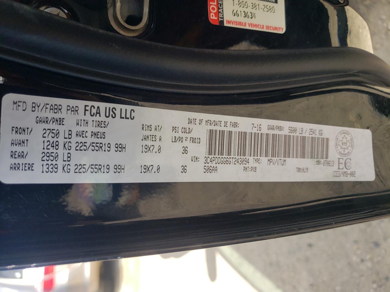 Photo 10 from auction – 2016 DODGE JOURNEY CR with VIN 3C4PDDGG6GT243094