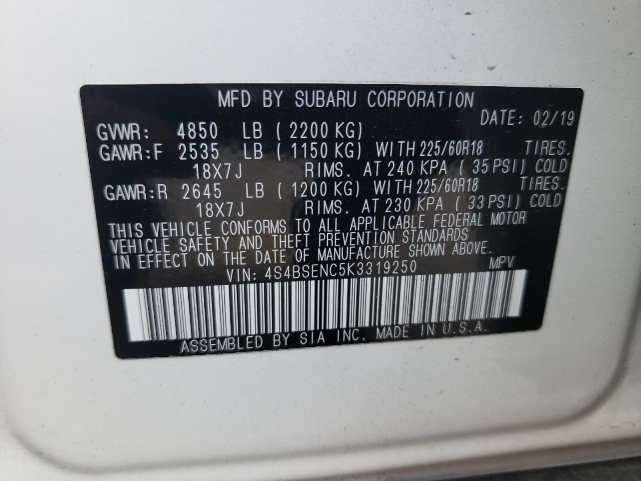 Photo 10 from auction – 2019 SUBARU OUTBACK 3. with VIN 4S4BSENC5K3319250