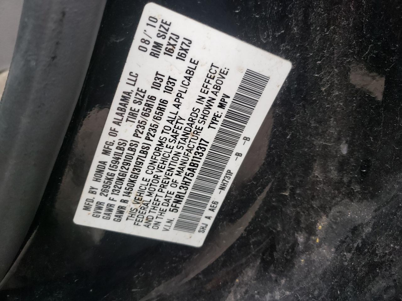 Photo 10 from auction – 2010 HONDA ODYSSEY with VIN 5FNRL3H75AB113317