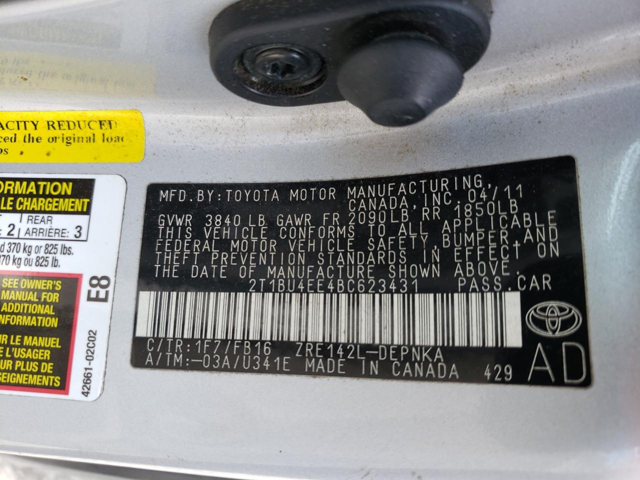 Photo 10 from auction – 2011 TOYOTA COROLLA BA with VIN 2T1BU4EE4BC623431