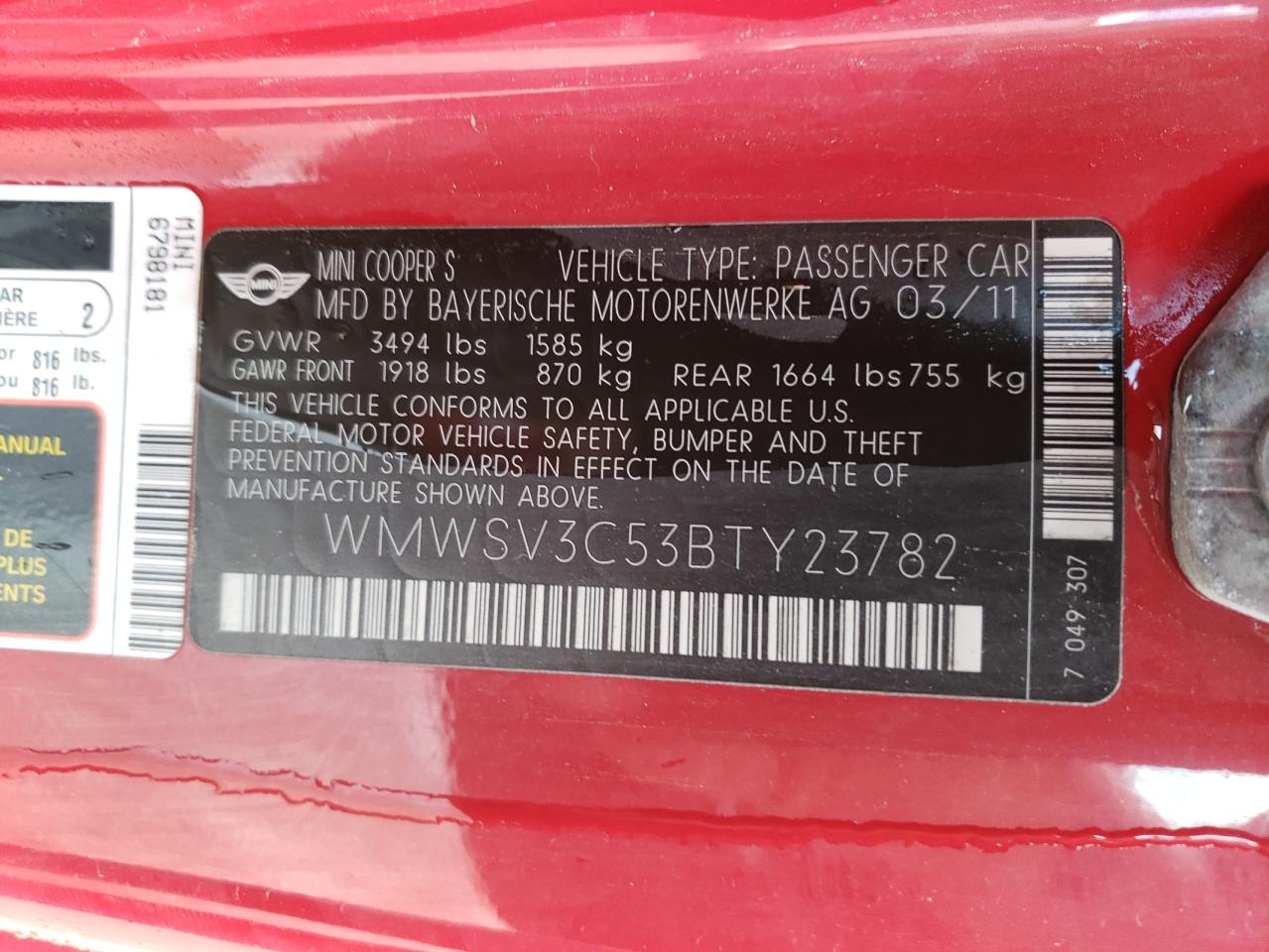 Photo 10 from auction – 2011 MINI COOPER S with VIN WMWSV3C53BTY23782
