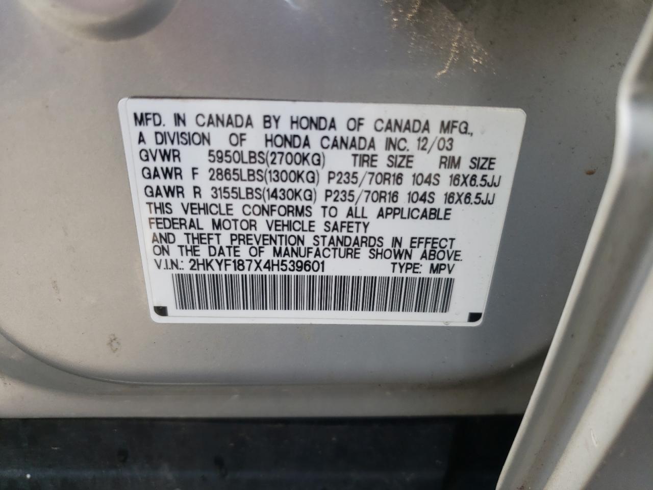 Photo 10 from auction – 2004 HONDA PILOT EXL with VIN 2HKYF187X4H539601