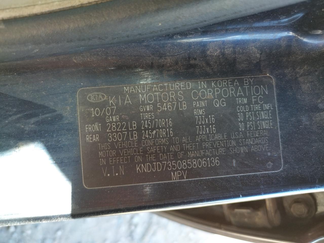 Photo 10 from auction – 2008 KIA SORENTO EX with VIN KNDJD735085806136
