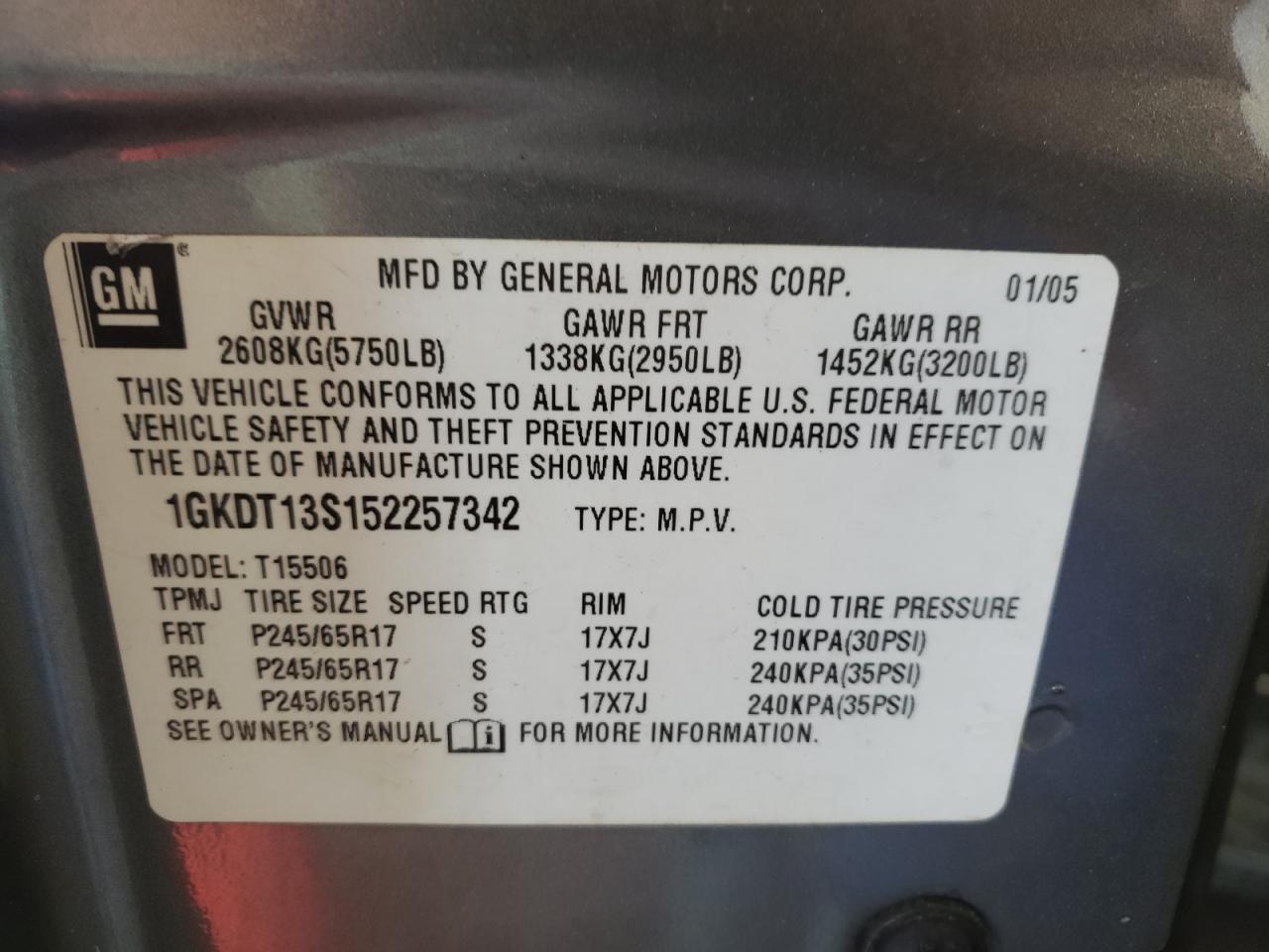Photo 10 from auction – 2005 GMC ENVOY with VIN 1GKDT13S152257342