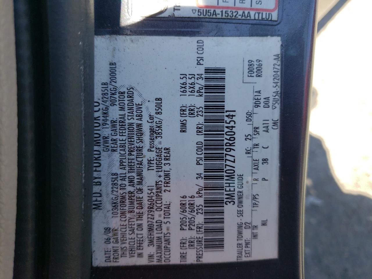 Photo 10 from auction – 2009 MERCURY MILAN with VIN 3MEHM07Z79R604541