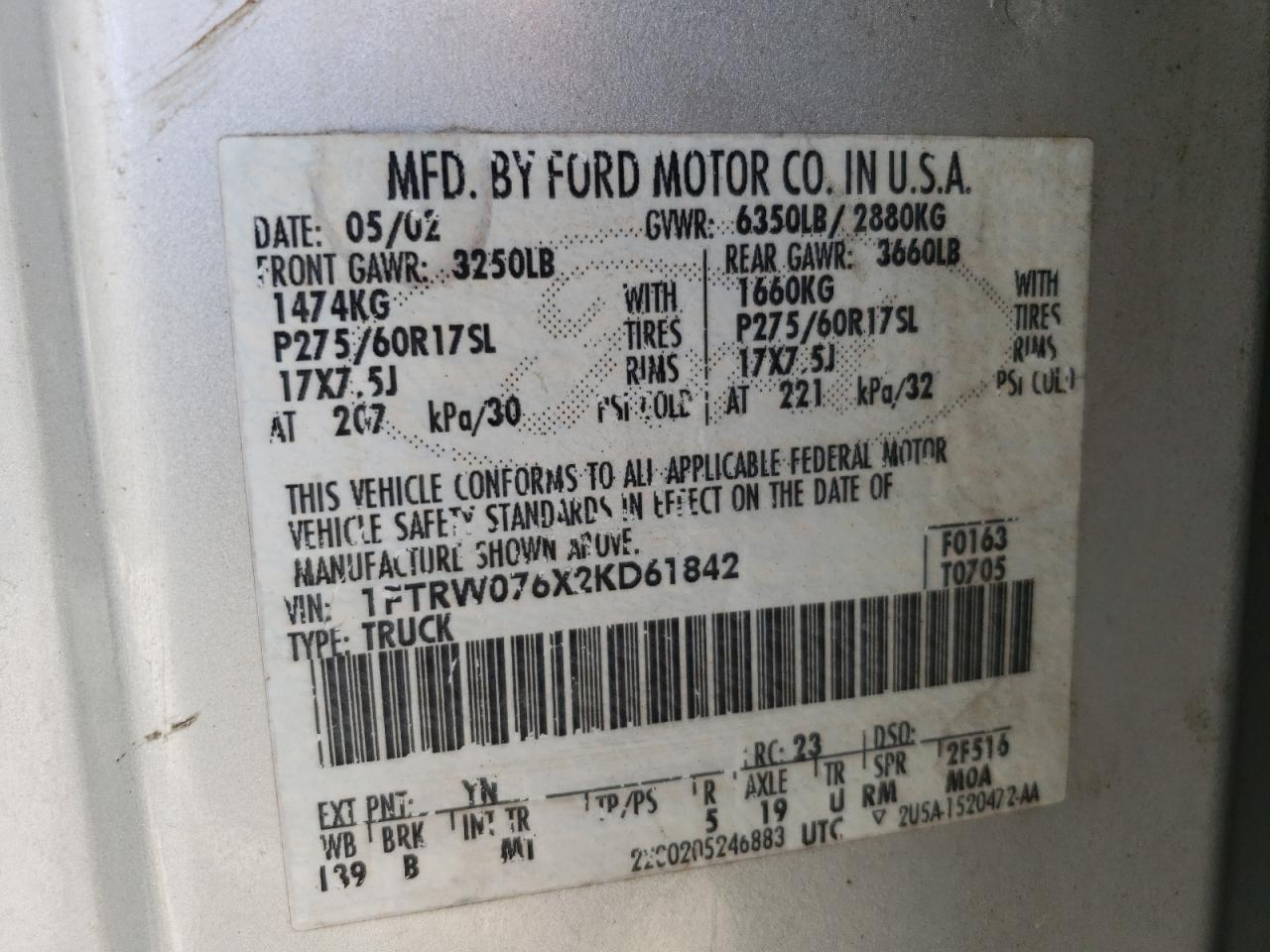 Photo 10 from auction – 2002 FORD F150 SUPER with VIN 1FTRW076X2KD61842